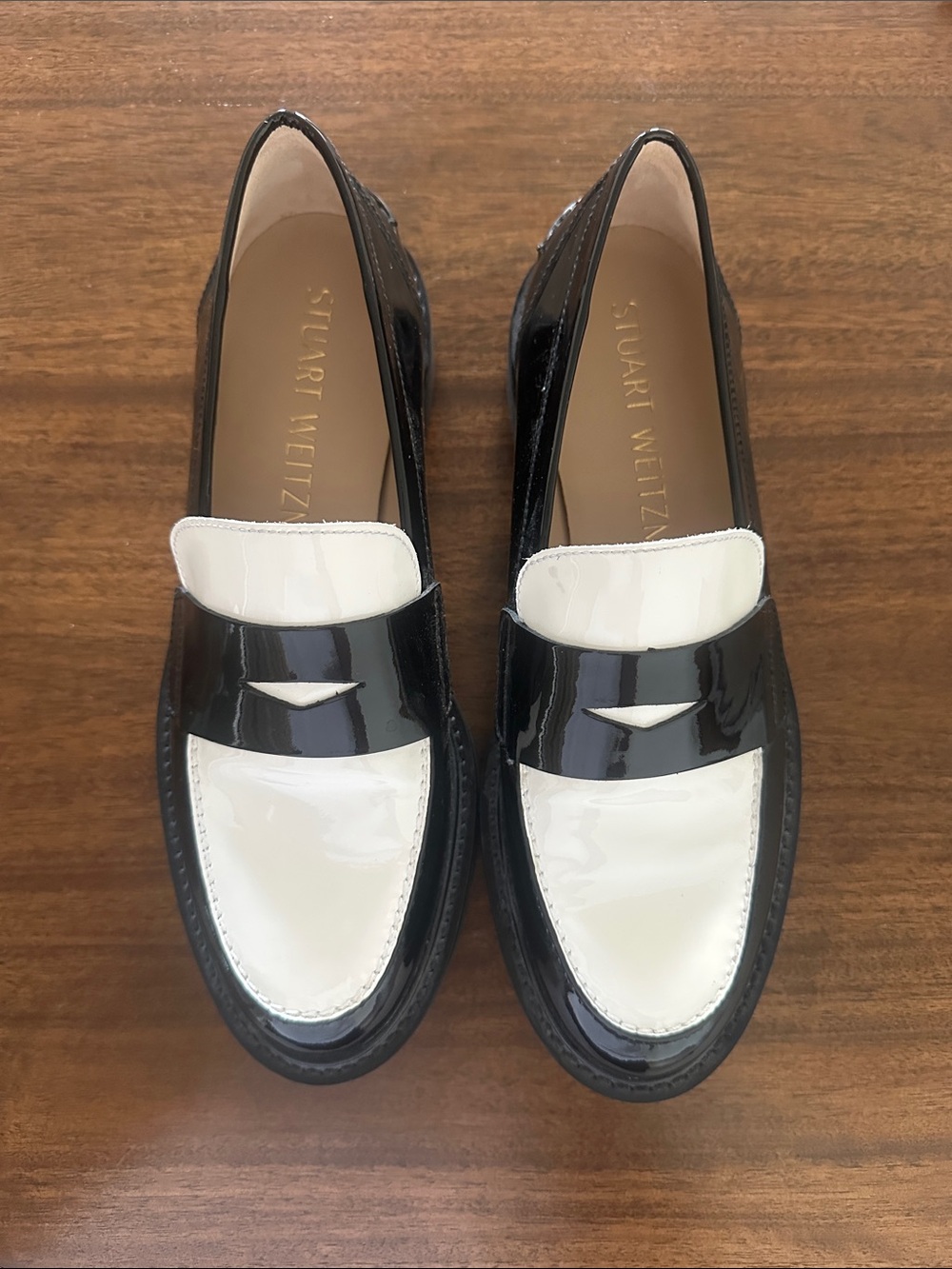 Stuart Weitzman Black and White Patent Leather Penny Loafers